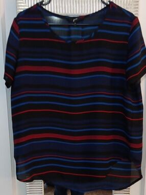 GNW Black Short-Sleeve Blouse with Red & Blue Stripes